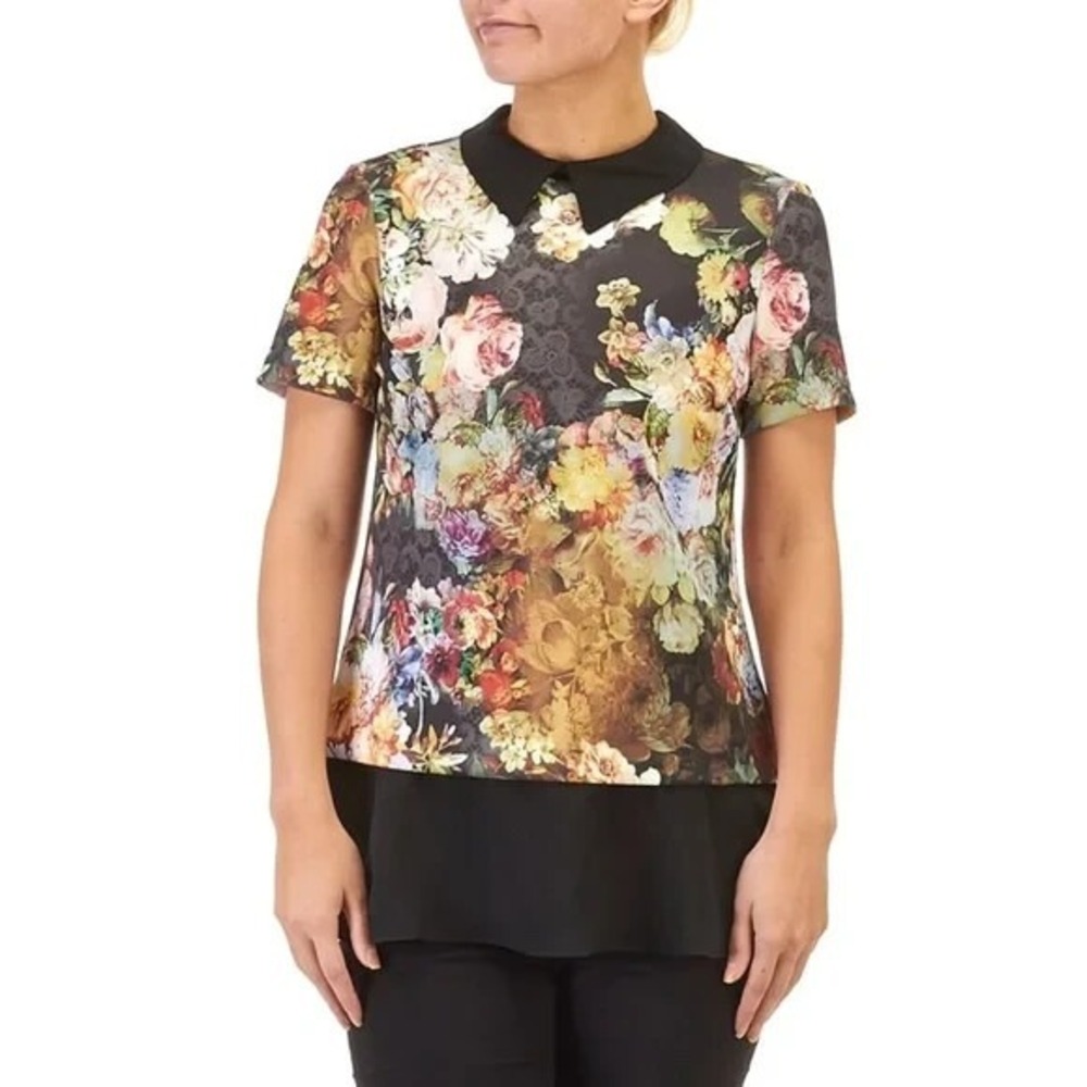 Eci Womens Medium Scuba Knit Collared Top Floral Print & Flutter Hem New